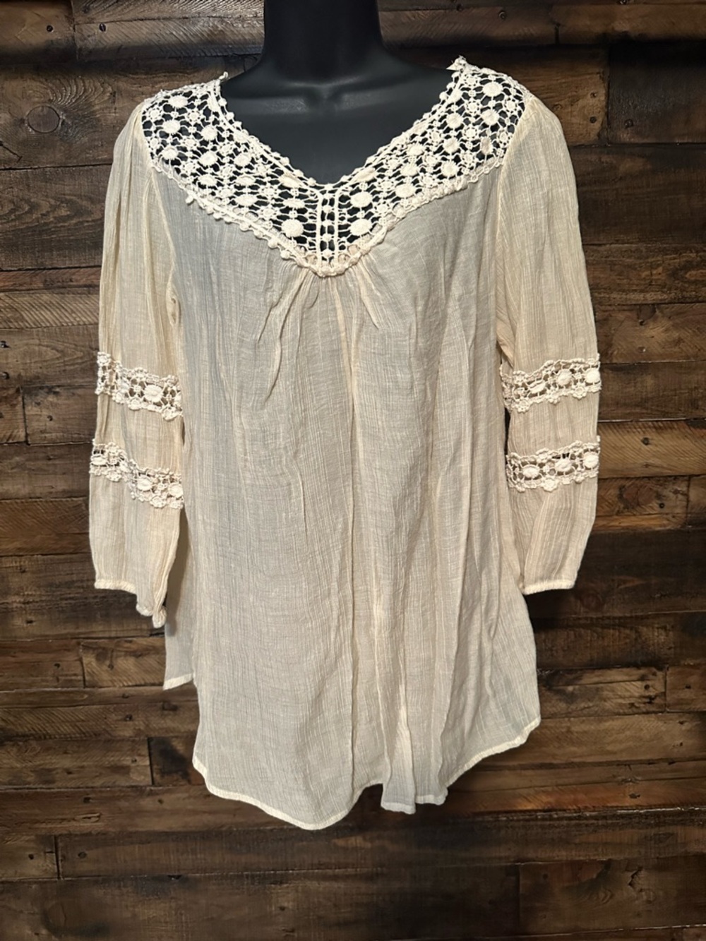 Grand & Greene Cream Crochet Yoke Peasant Tunic
